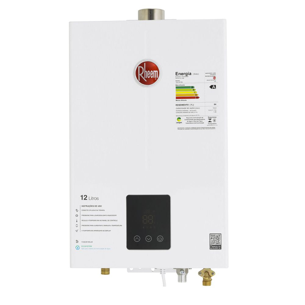 Aquecedor De Água A Gás Rheem Bivolt Digital 12 Litros Com 8 Sistemas de Segurança e Função Solar Gn-Branco