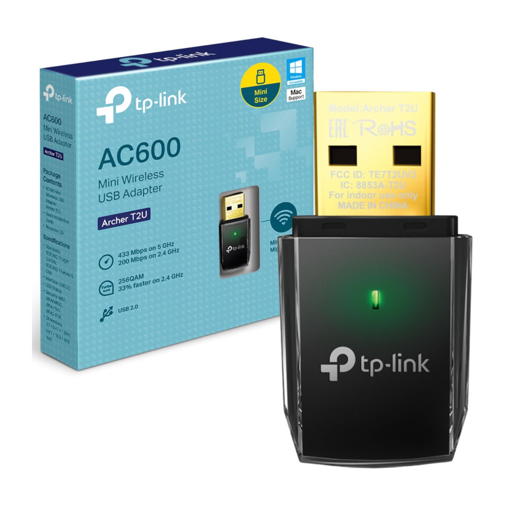Adaptador Wireless TP-Link Archer T2U AC600 Mini, USB 2.0, Dual Band, Wi-Fi 433Mbps 5GHz 200Mbps 2.4GHz, WPS