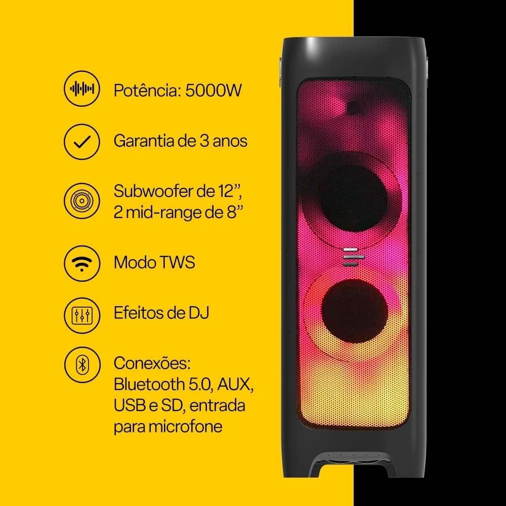 Caixa de Som Torre Flamebox DJ 5000W RMS Bluetooth AUX/USB/SD/TWS Pulse - SP512