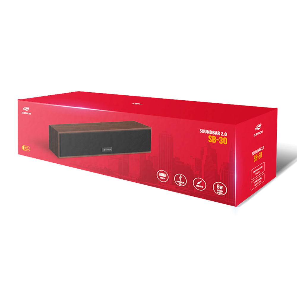 Soundbar 2.0 Conexão P2, Alimentação USB Drive 50mm, 6W, SB-30BW, C3Tech, Marrom
