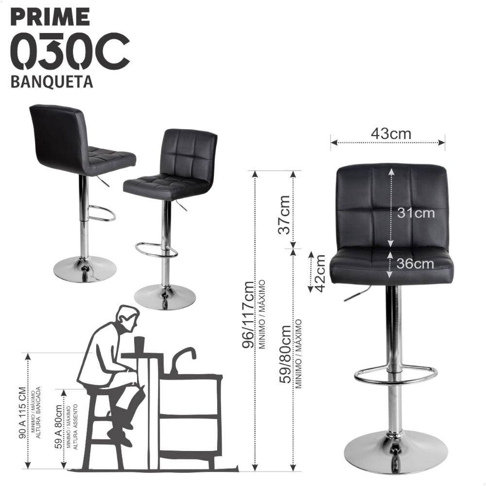 Banqueta Giratória Estofada Gomos Confort P030 Prime Office, Preta/Cromo, Regulagem Altura 61-82cm, Suporte 120kg