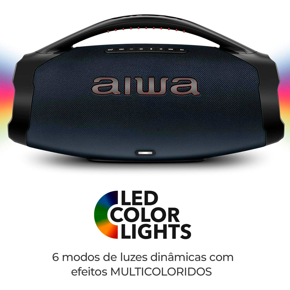 Caixa de Som Boombox Plus AIWA BBS-01-LBL , USB RGB, 200W RMS, IP66 Com Alça, 30h de Bateria, Bluetooth 5.3,TWS