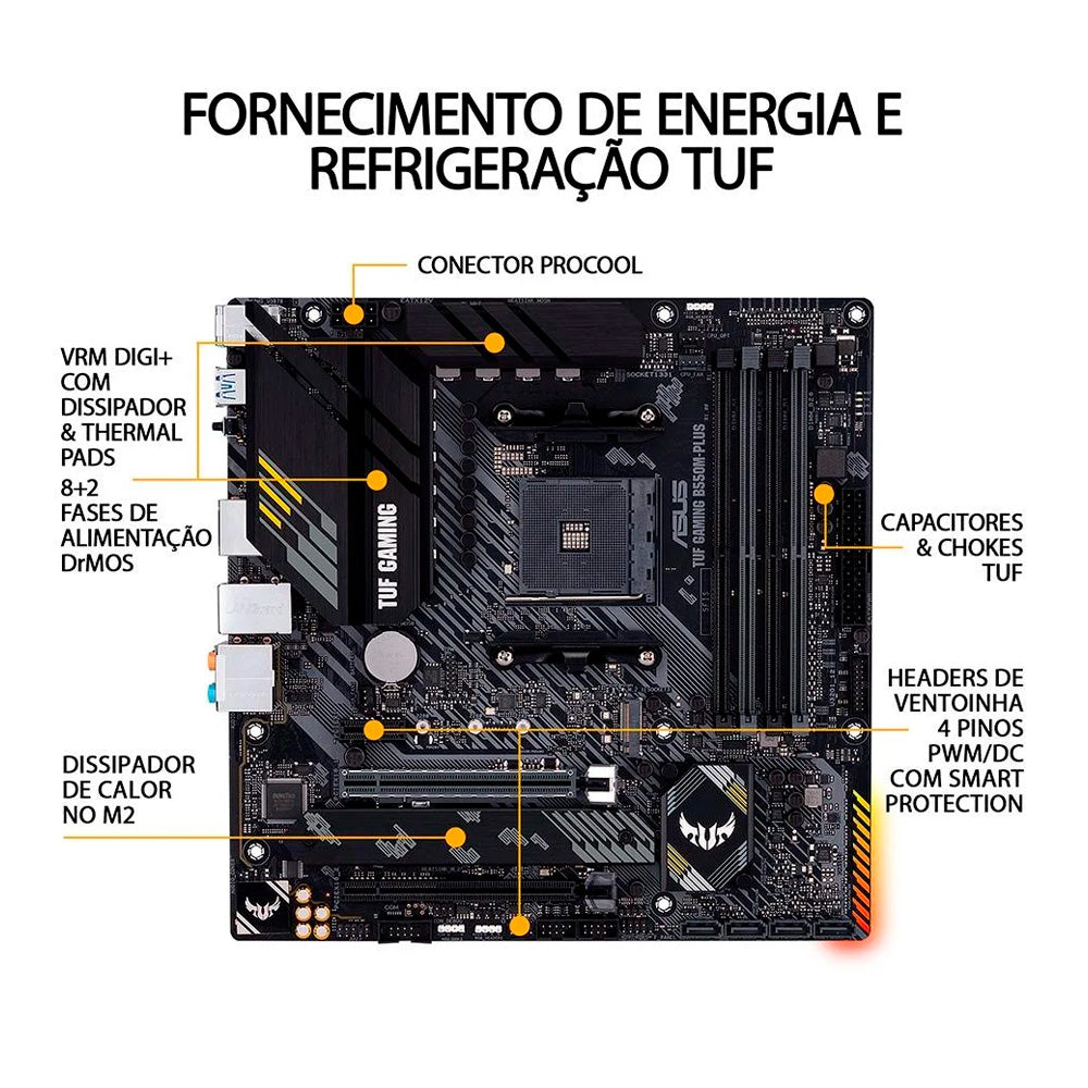 Placa Mãe Asus TUF GAMING B550M-PLUS, AMD AM4, Com 4 Slots RAM DDR4, mATX