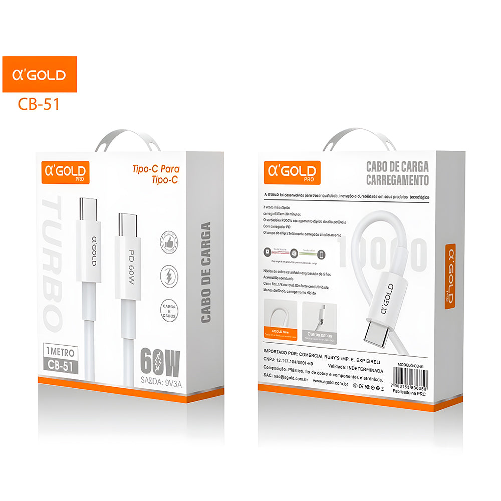 Cabo USB-C Para USB-C, Carga e Dados, 1 Metro de Comprimento, 60W, 9V, 3A, A'Gold, CB-51