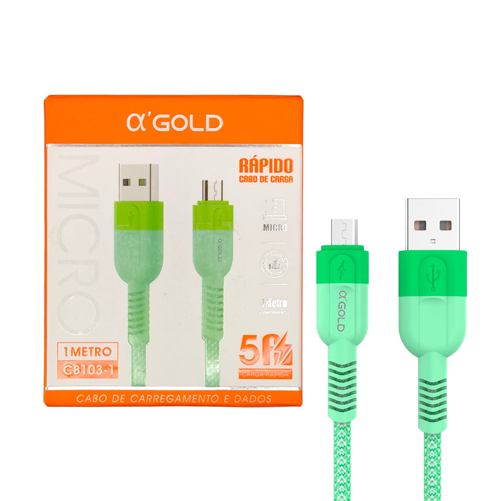 Cabo USB Para Micro USB, Carregamento Rápido, 1 Metro de Comprimento, CB103-1, A'Gold - Verde