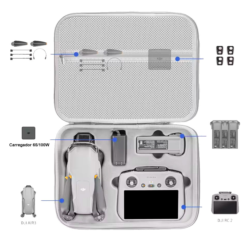 Maleta Case Para Transporte de Drone e Acessórios, Para DJI Air 3 / Air 3s, Cinza
