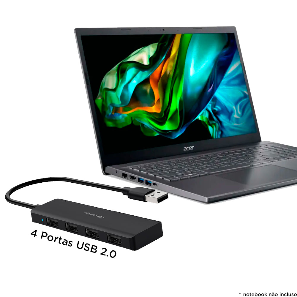 HUB USB 2.0, Com 4 Portas USB 2.0, HU-230BK, C3Tech, Plug and Play, Preto