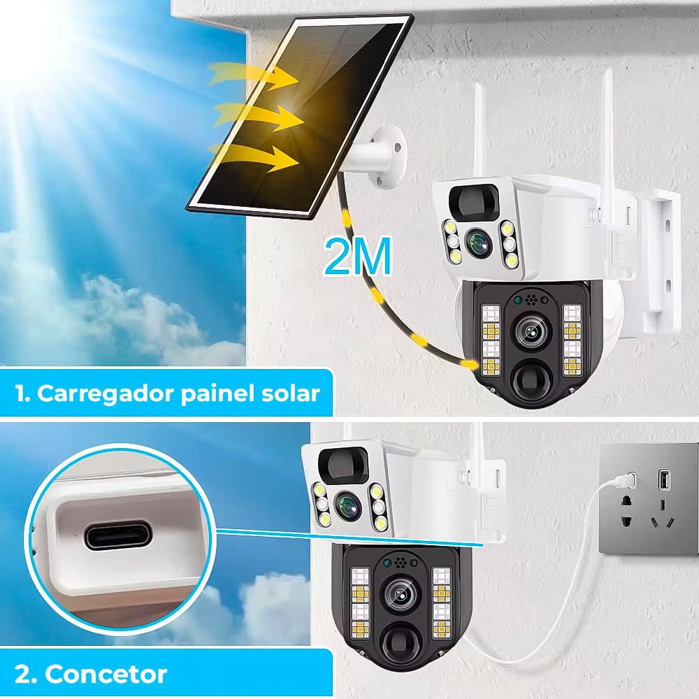 Câmera de Segurança IP Externa Com Paínel Solar, 8MP Full HD, 2.4GHz Wi-Fi, Lente Dupla, Detector de Movimento