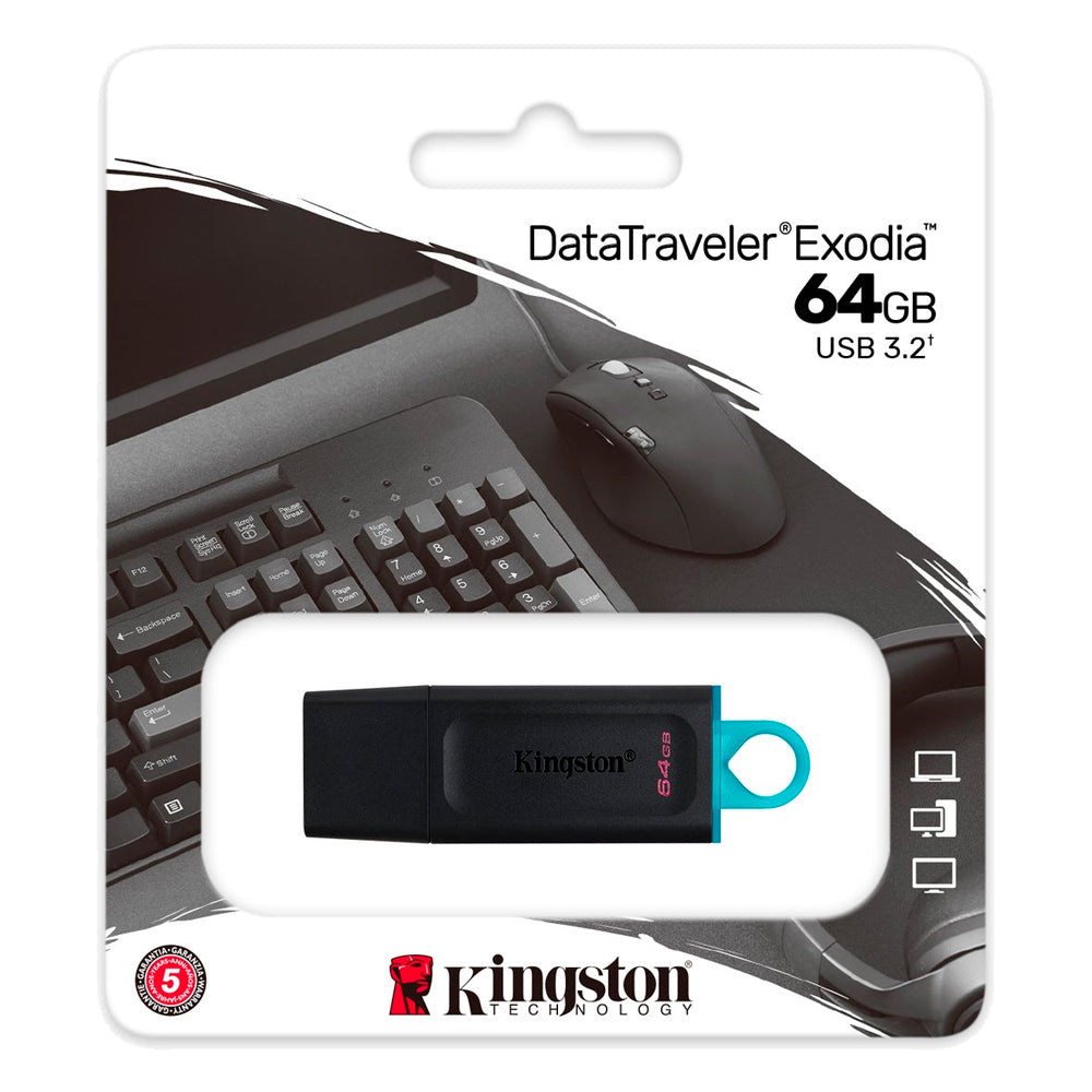 Pen Drive Kingston DataTraveler Exodia 64GB USB 3.2 Gen1, Preto/Teal, Tampa Protetora - DTX/64GB
