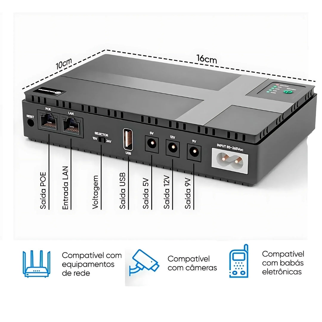 Mini Nobreak UPS 18W, Bivolt, 9/12/15/24V, Bateria 10.400mAH Para Roteadores, Câmera de segurança - 65905