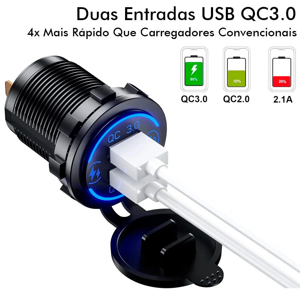 Carregador Veicular Com Duas Entradas USB (QC) 3.0, Luz Led Verde - Preto