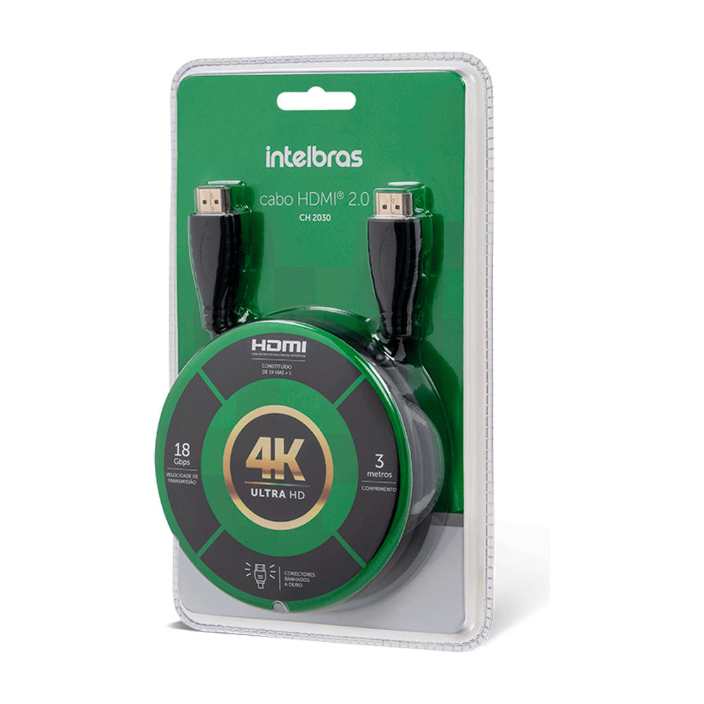 Cabo HDMI Intelbras 2.0 Com 3 Metros CH 2030 Suporta Resolução 4K em 60Hz Blindagem Tripla