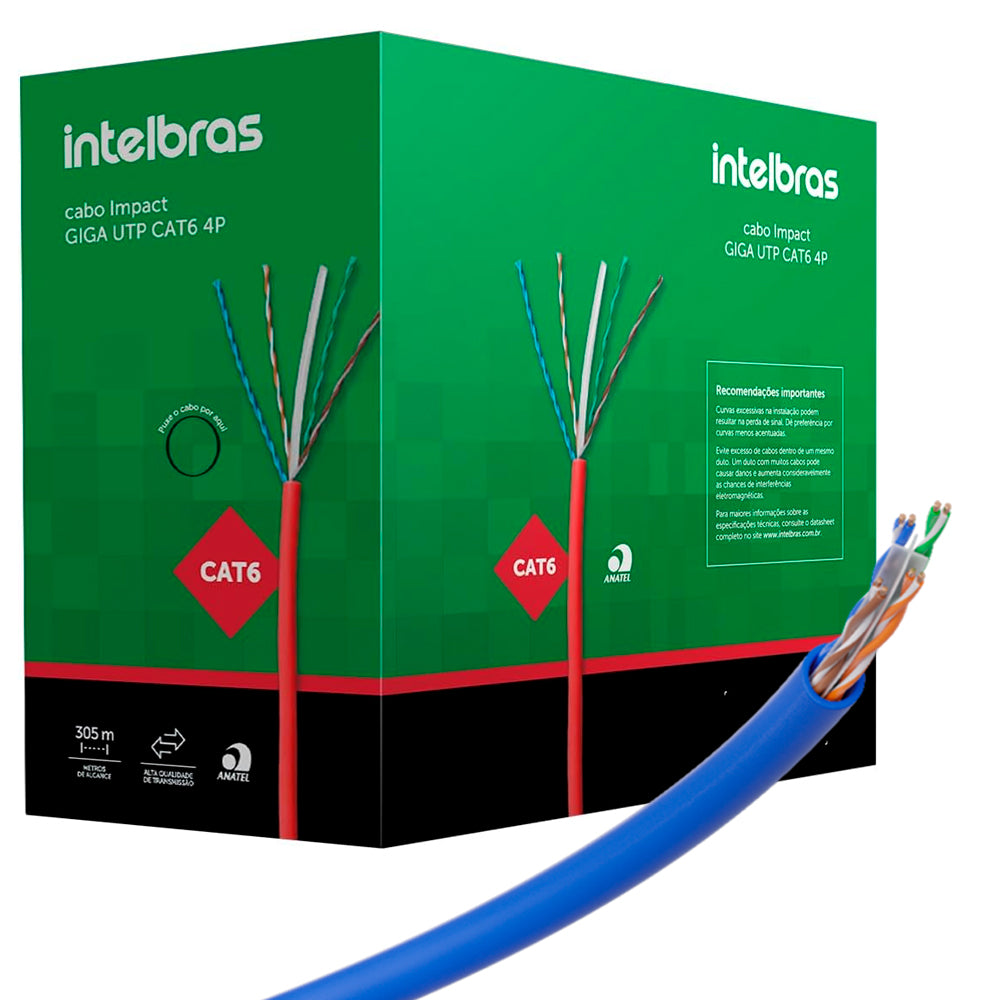 Caixa de Cabo de Rede 305m UTP CAT6 4P Intelbras IMPACT GIGA IG6CAZ Azul, 23 AWG, PVC CMX, 100% Cobre