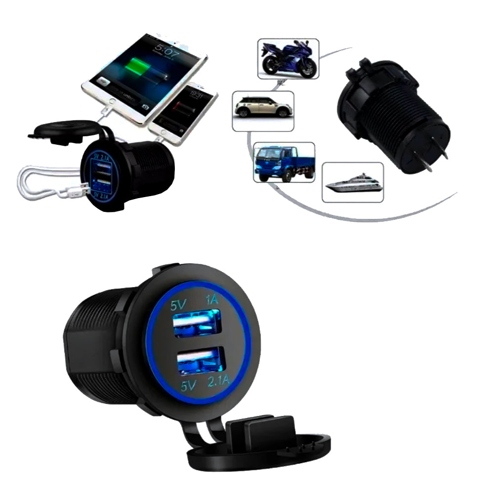 Tomada Carregador Veicular 12-24V, Com 2 Saídas de Carregamento, 1A e 2.1A, Preto