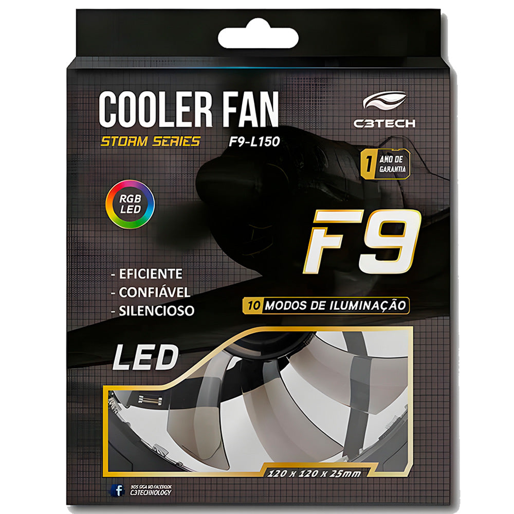 Cooler Fan F9-L150RGB Storm 12cm - Com iluminação RGB 18LED, Rolamento FDB, 12v 1200RPM - C3Tech