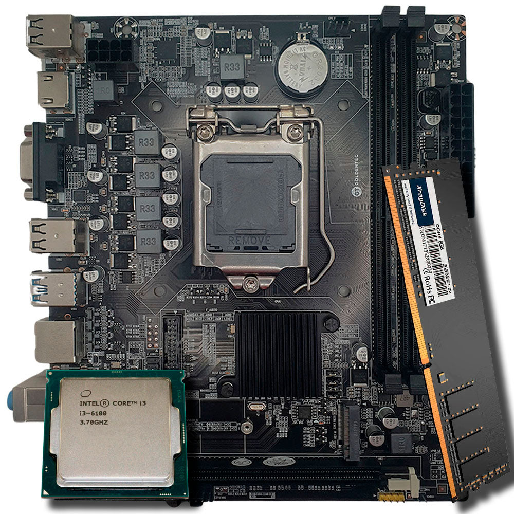 Kit Placa Mãe H110, Com Processador i3-6100, Memória Ram 8GB DDR4