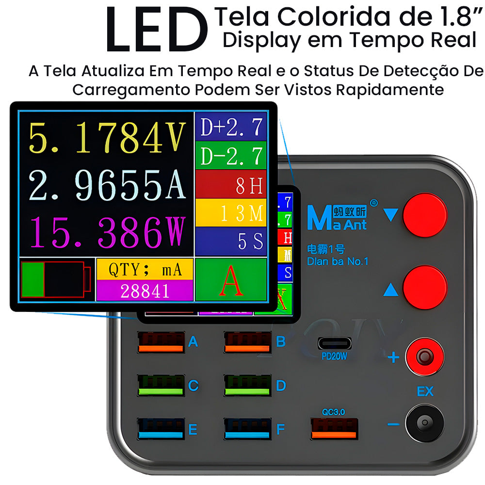 Estação de Carregamento 7 Entradas USB e 1 Entrada USB-C - Suporte a Carga Sem Fio e Medidor De Corrente Tensão - MaAnt