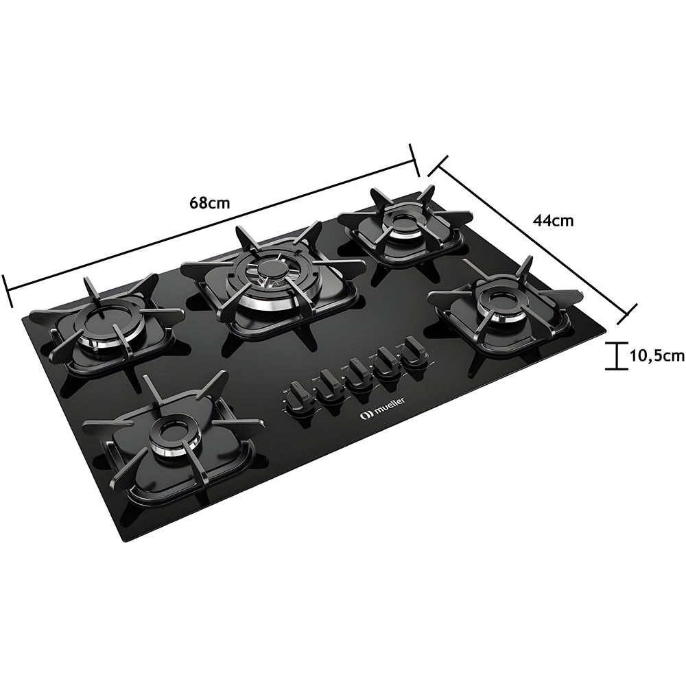 Fogão Cooktop á Gás Mueller 5 Bocas Preto, Bivolt
