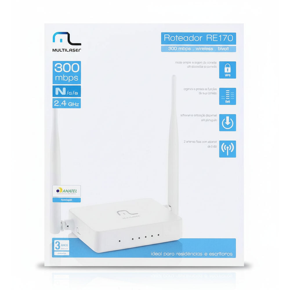 Roteador Multilaser RE170 300Mbps Wireless Bivolt 2.4GHz Homologado 2 Antenas Fixas Com Alcance de 5dBi
