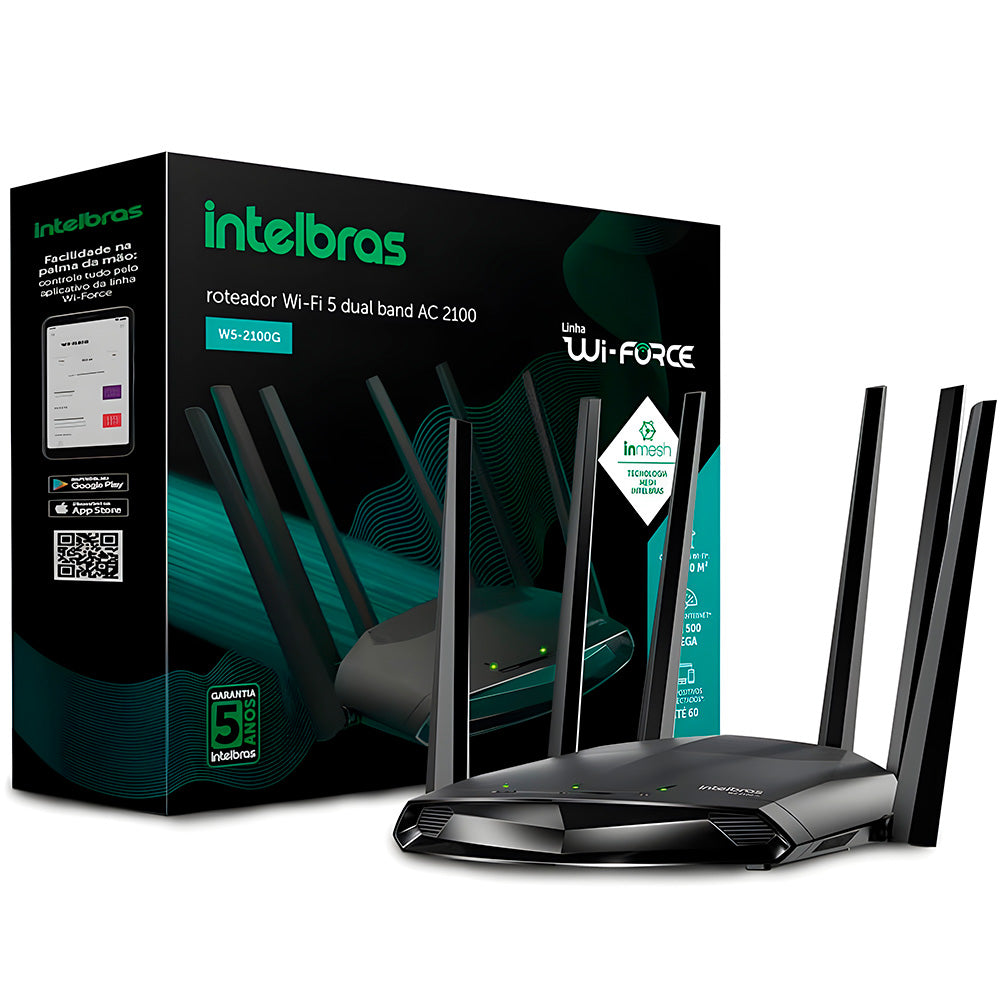 Roteador Wi‑Fi 5 Intelbras W5‑2100G inMesh - Dual Band AC2100, 6 Antenas 5 dBi, 3 LAN + 1 WAN Gigabit, até 180 m²