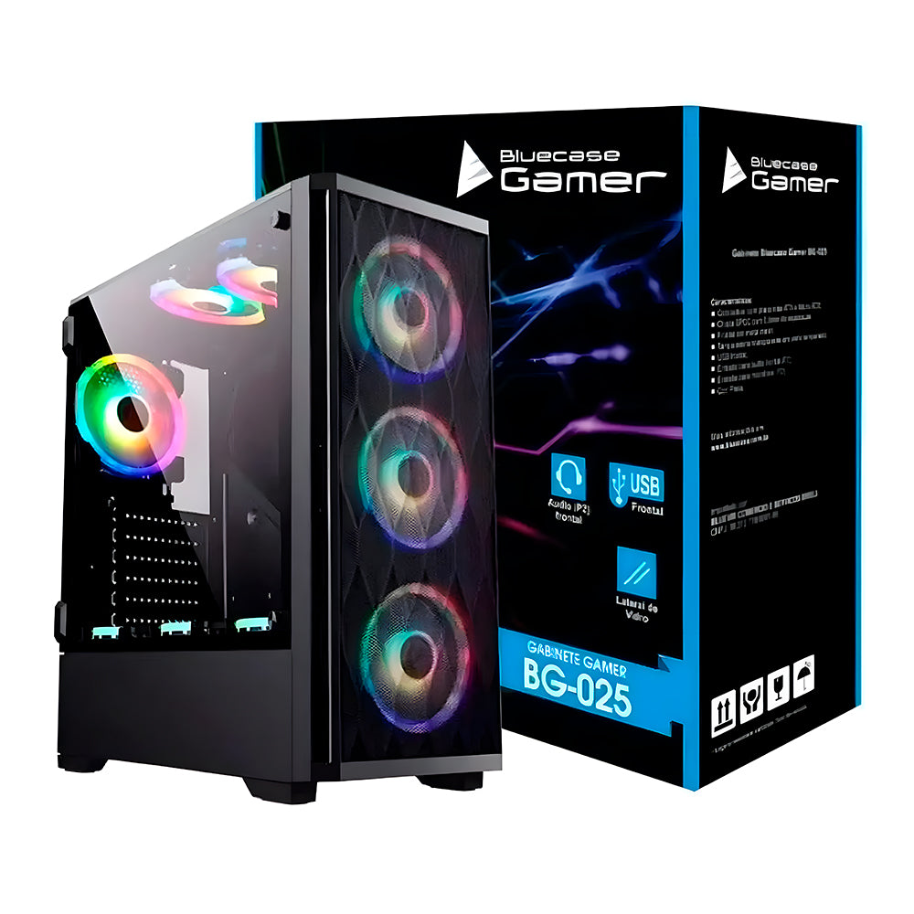 Gabinete Gamer BG-025 Bluecase, Lateral Vidro Temperado, Mid Tower, S/FTE, USB 3.0, Preto