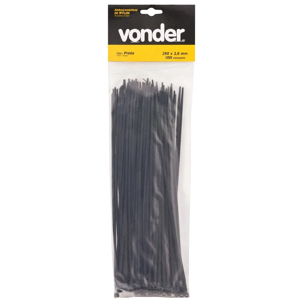 Abraçadeira de Nylon 3,6mm x 140mm, Pacote com 100 Unidades, Preto - Vonder