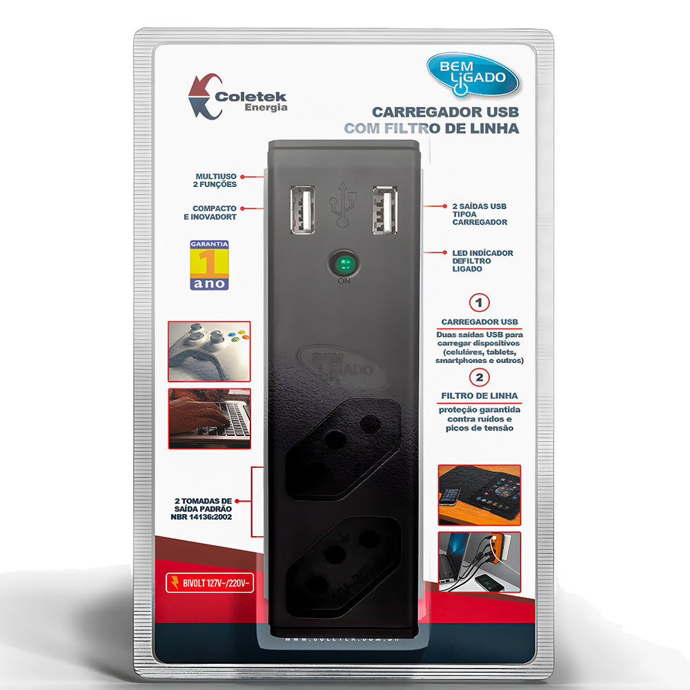 Carregador USB 2.1A, Com Filtro Bem Ligado, 2 Tomada, FL-USB21GBK, Coletek, Preto