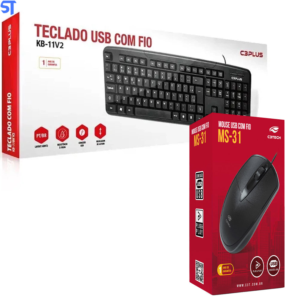 Kit Teclado e Mouse USB Padrão KB-11BKV2/ MS-31BK Preto C3PLUS C3 tech