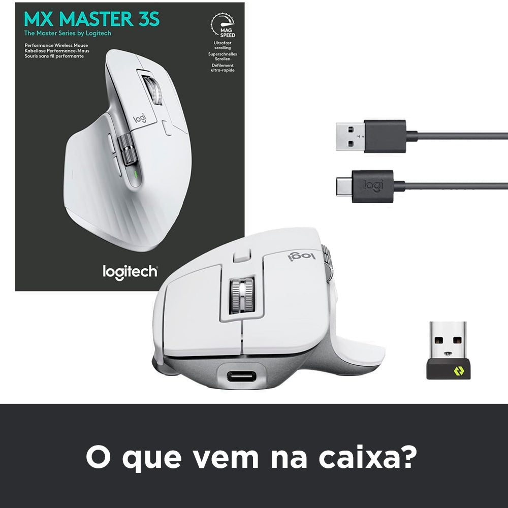 Mouse Logitech MX Master 3S, 7 Botões, 8.000 DPI, Bluetooth Wireless, Cinza Claro