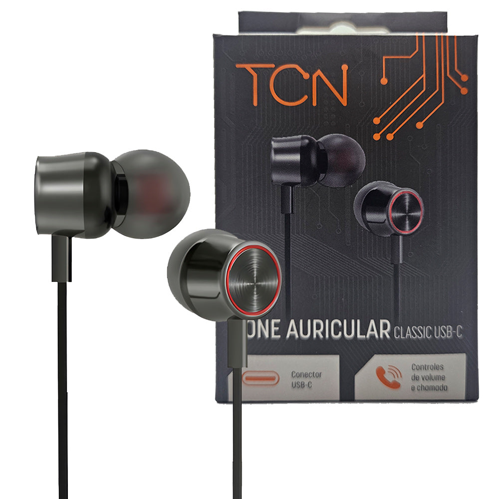Fone de Ouvido Estéreo com Microfone, Conector USB-C, Acabamento em Alúminio, Cabo 1,2m, TCN Classic - Preto