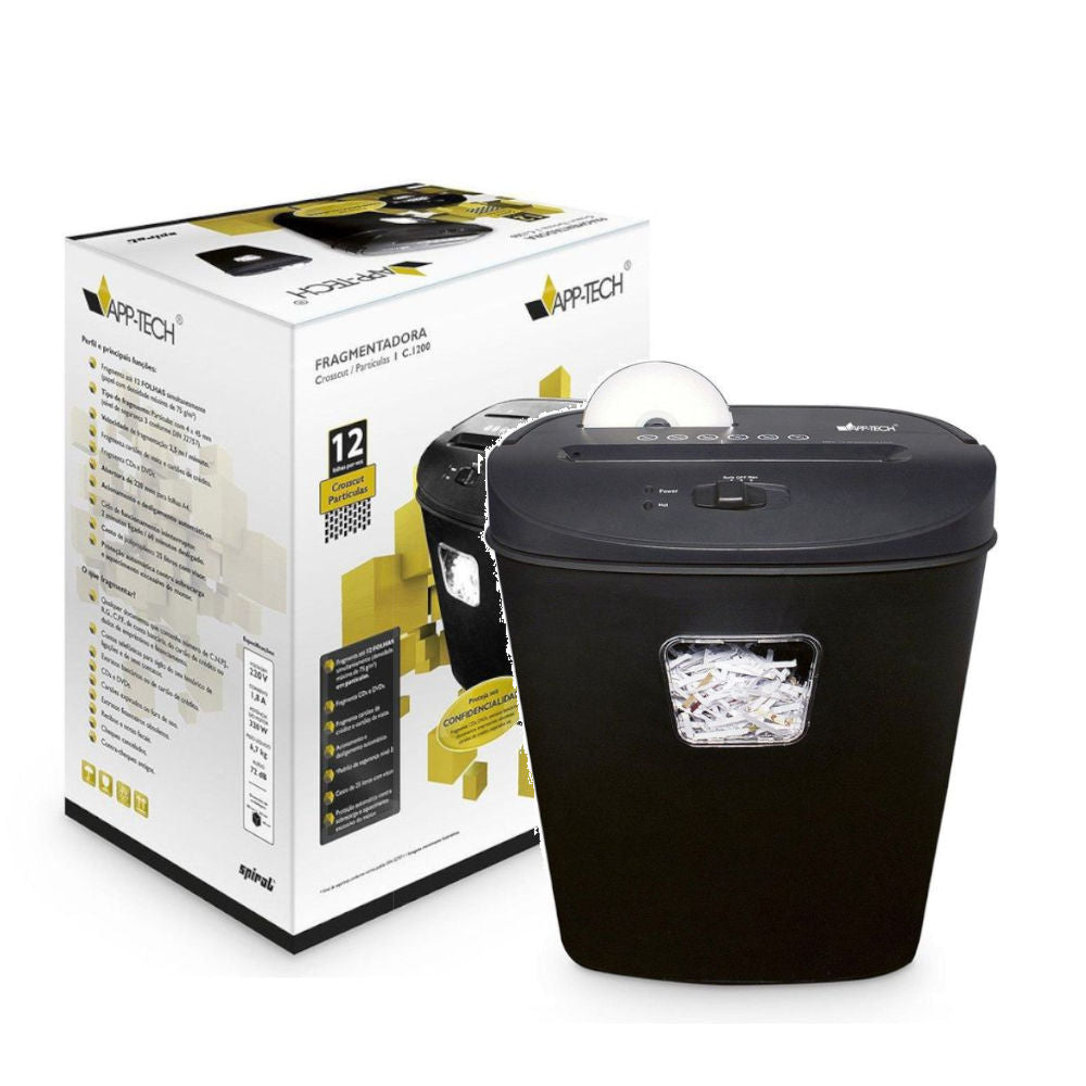 Fragmentadora de Papel App-Tech 12 Folhas em Partículas, CD / Cartão com Cesto 220v, C1200