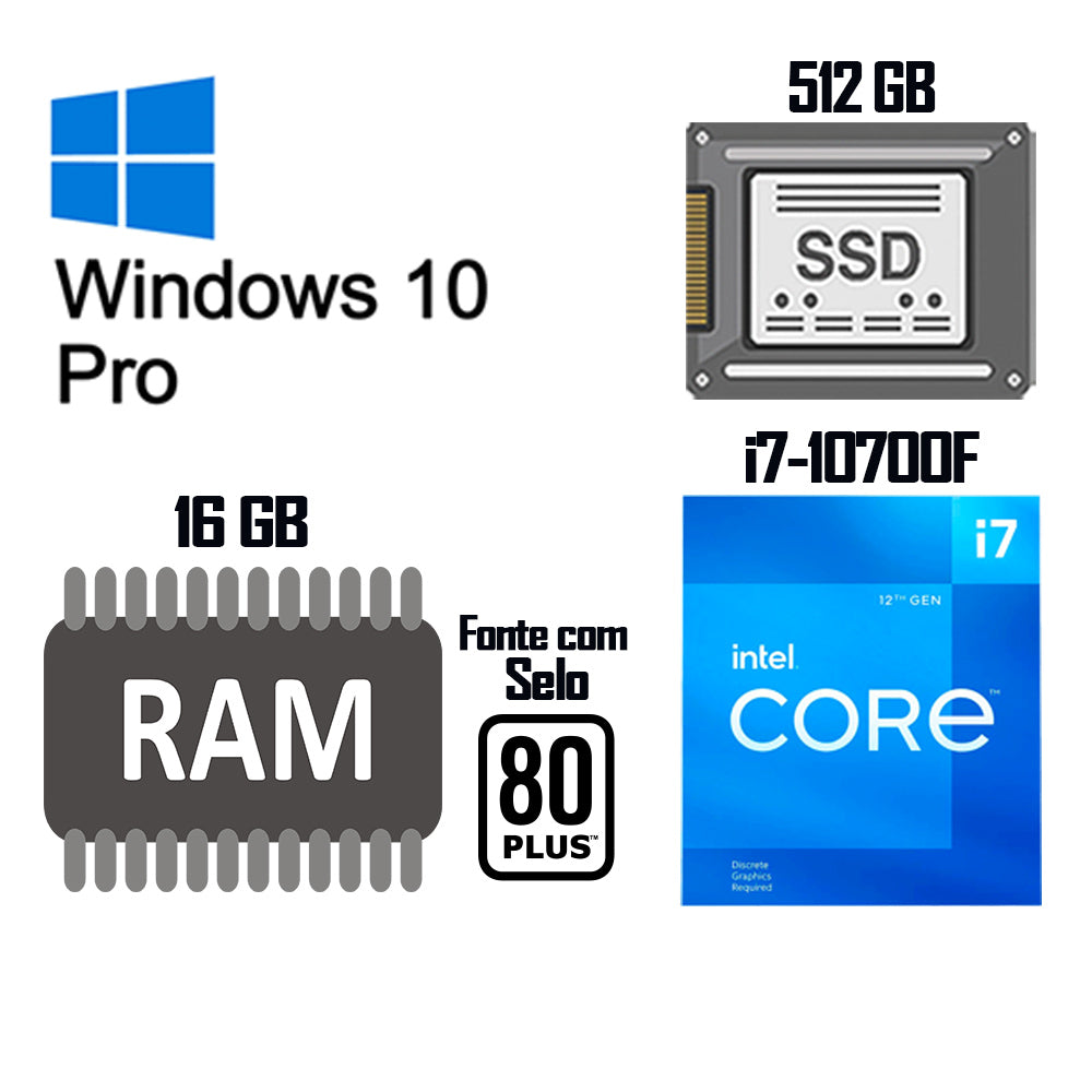 Computador Gamer i7-10700F -Gigabyte H470M - RAM 16GB - SSD 512GB - Placa de Vídeo 4GB - Fonte 750w - Gab G220BK, Win 10