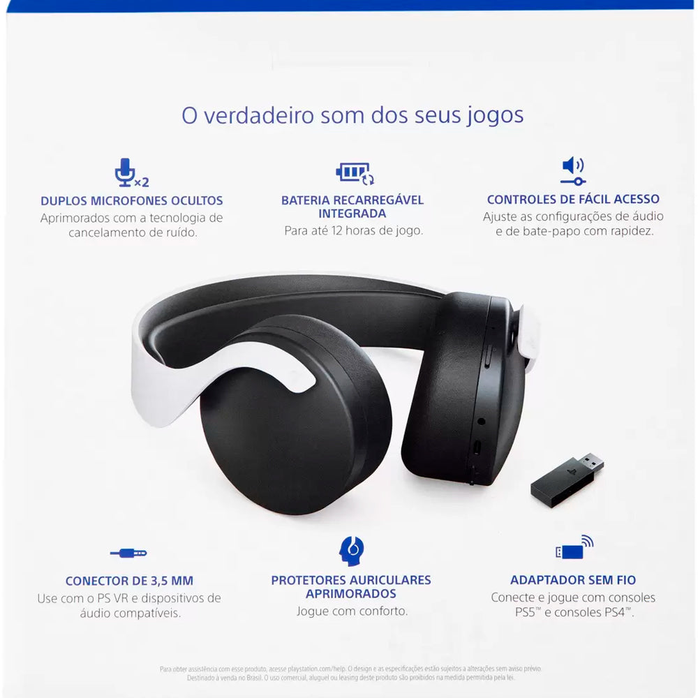 Headset Sem Fio Sony Pulse 3D, Adaptador Sem Fio USB, PlayStation Para PS4 e PS5 - Branco