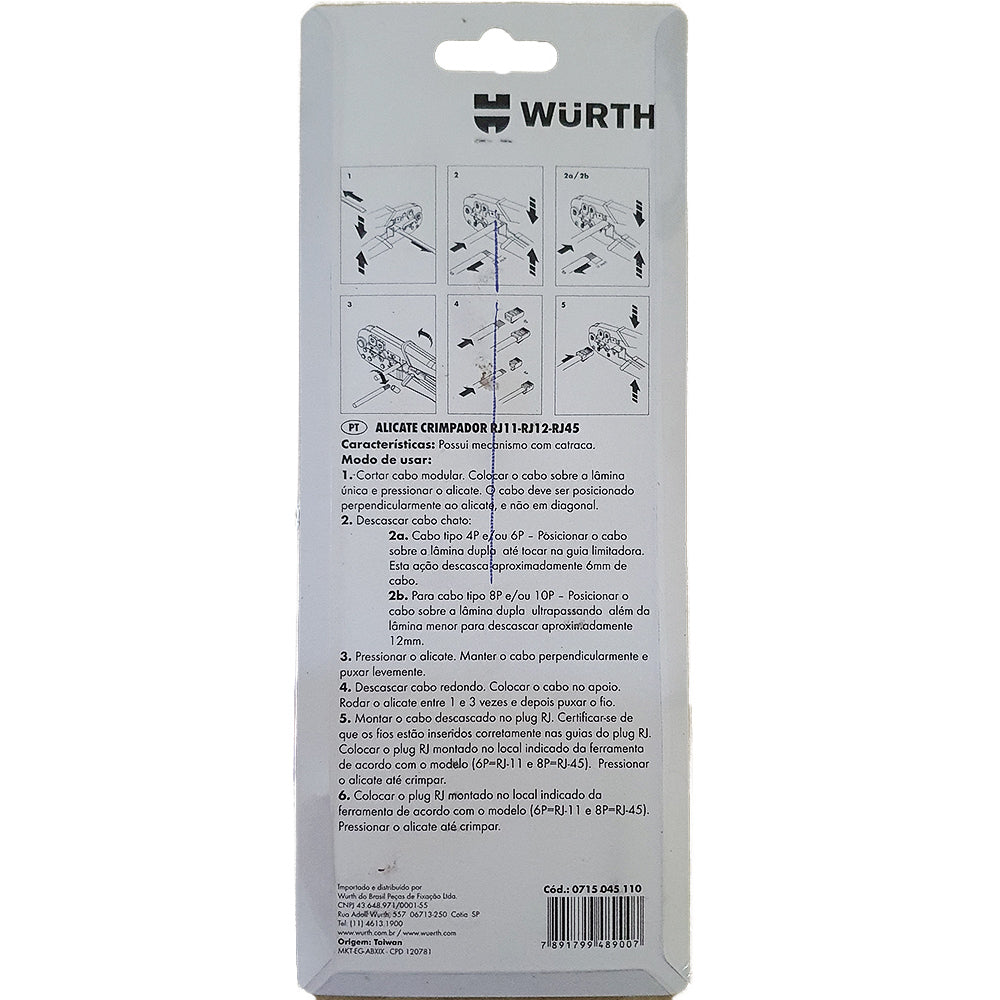 Alicate Crimpador RJ11-RJ12-RJ45 Cat 6 - Profissional, Wurth - 0715045110