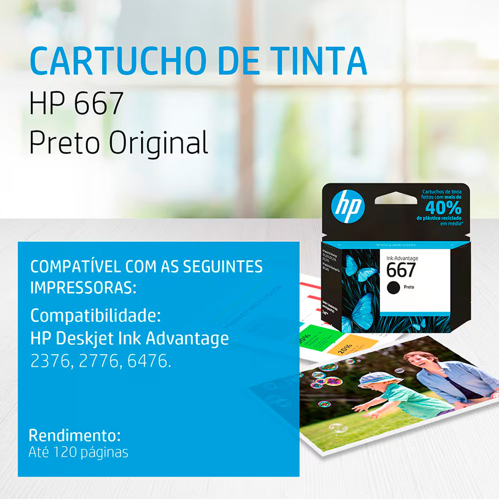 Cartucho HP 667 Preto Original 3YM79AB Para HP Deskjet 2376 2776 6476 5076 5276