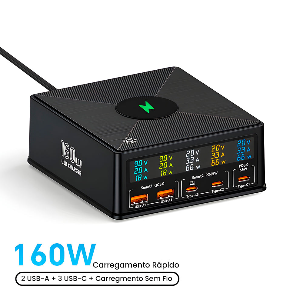 Estação de Carregamento 160W Com 2 Entradas USB e 3 Entradas USB-C - Suporte a Carga Sem Fio - ASOMETCH