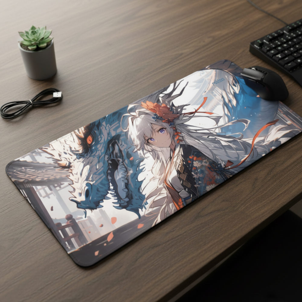 Mouse Pad Gamer 30x70cm, Neoprene Legítimo, Base Antiderrapante, Reliza - Estampa Guardiã do Dragão Celestial
