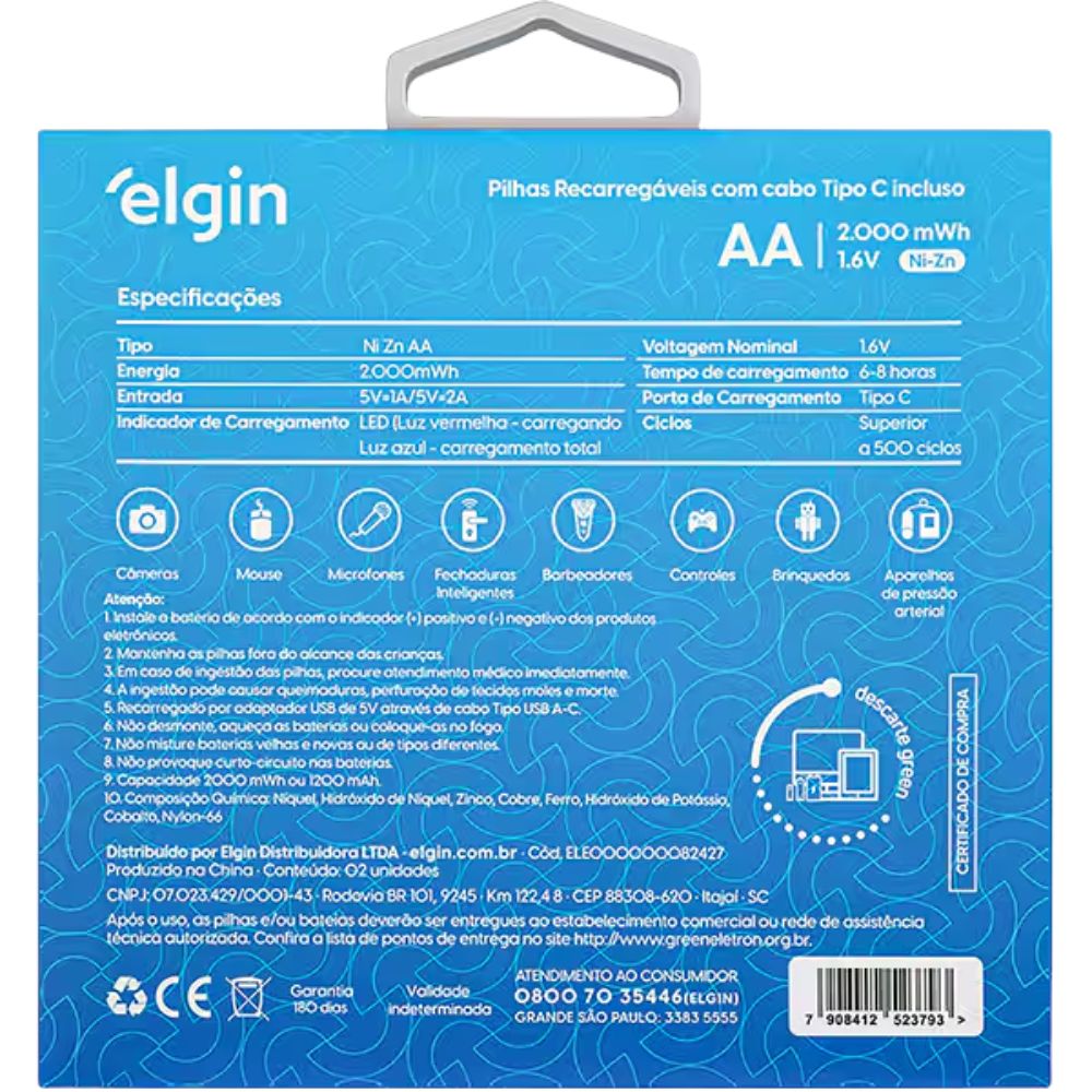 Pilha Recarregável AA USB-C 1.200mAh com 2 unidades Blister + Cabo (ELE000000082427)