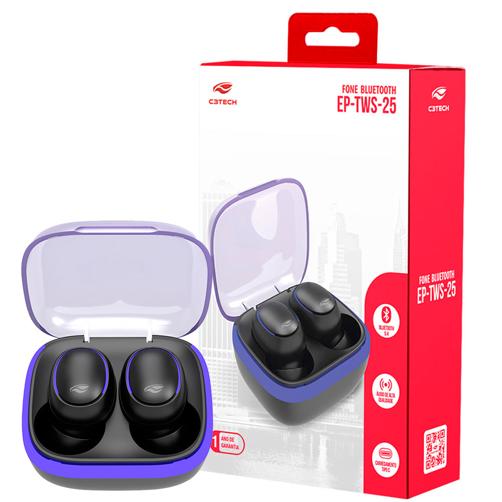 Fone de Ouvido C3Tech Sem Fio, In-Ear, Bluetooth 5.3, EP-TWS-25BK - Preto