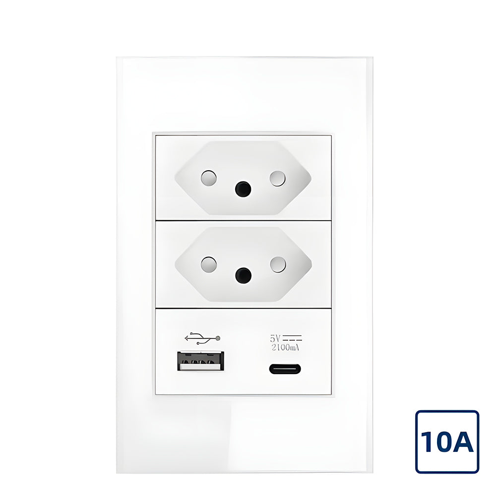 Tomada, Padrão Brasileiro, Com Uma Entrada USB e USB-C, 10A, Paínel Em Vidro Temperado - Branco