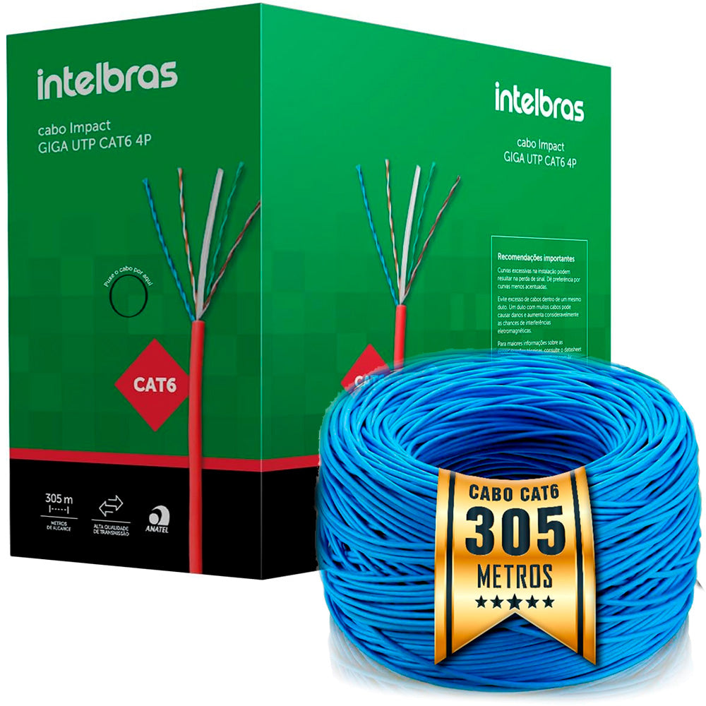 Caixa de Cabo de Rede 305m UTP CAT6 4P Intelbras IMPACT GIGA IG6CAZ Azul, 23 AWG, PVC CMX, 100% Cobre