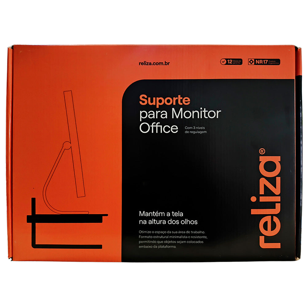 Suporte Para Monitor Ergonômico Ajustável, Office, Conforto e Estabilidade, Preto com Vidro Incolor - Reliza