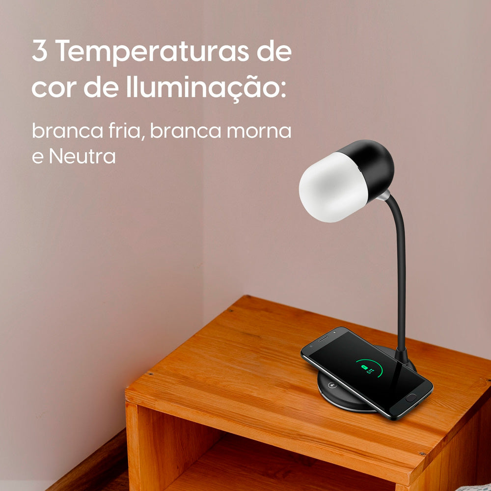 Luminária de Mesa Lumi Play LED Elgin 3 em 1 Luminaria Caixa Som e Carregador Sem Fio 3 Intensidades - Bluetooth Lumi Pl