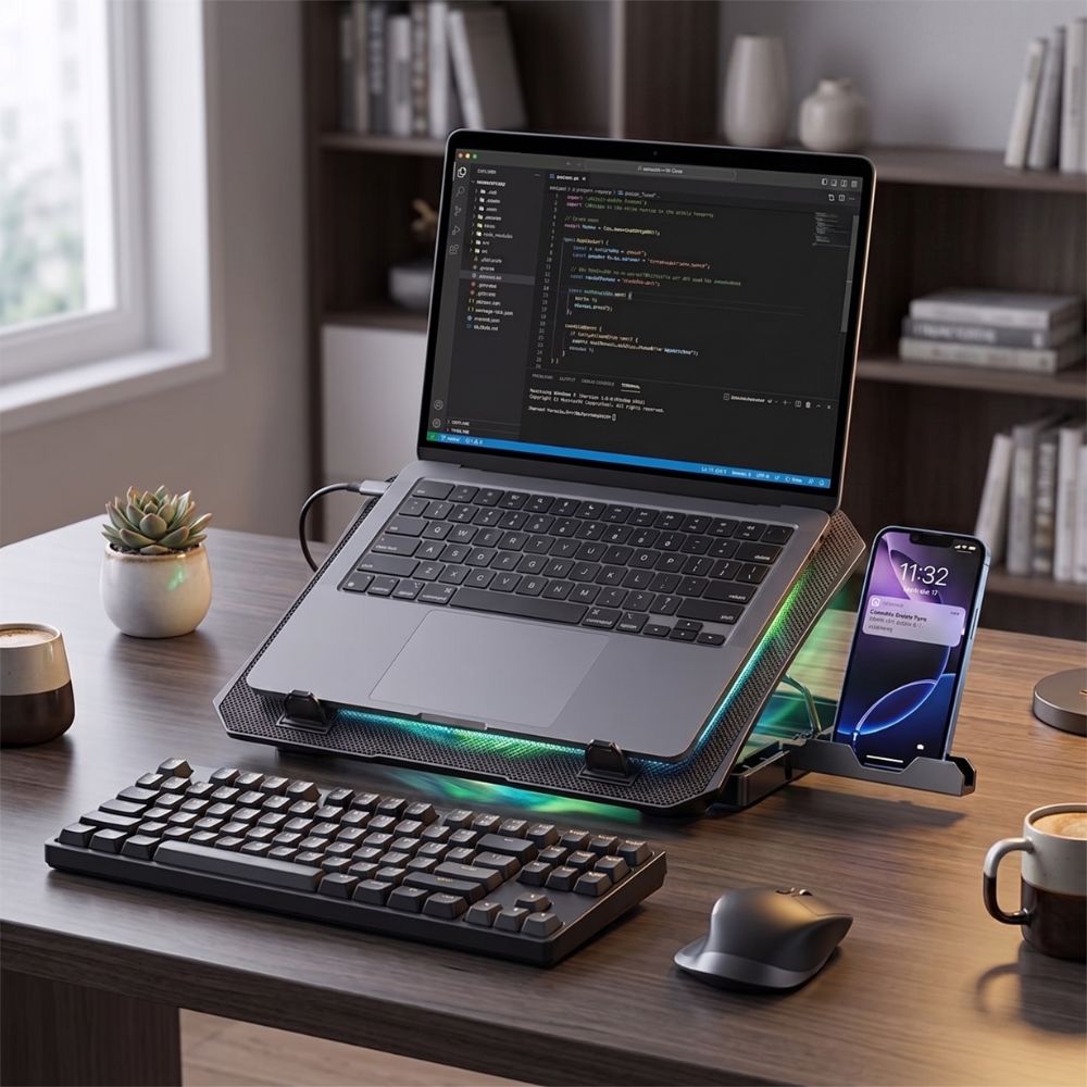 Suporte para Notebook GET Até 15,6" Ajustável 5 Níveis com Cooler Hub USB e Apoio Celular Preto