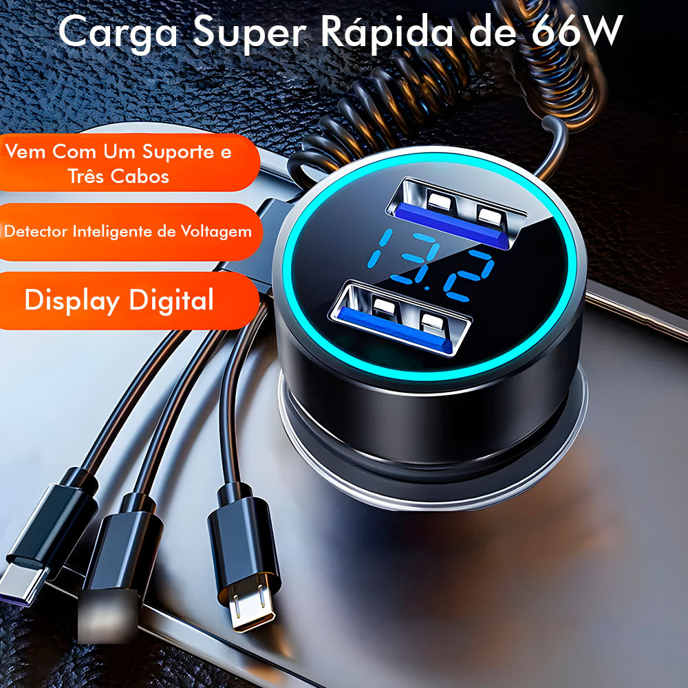 Carregador Veicular Com Duas Portas USB 3.1A e Cabo Com 3 Conectores, 66W, Com Display Digital - Preto