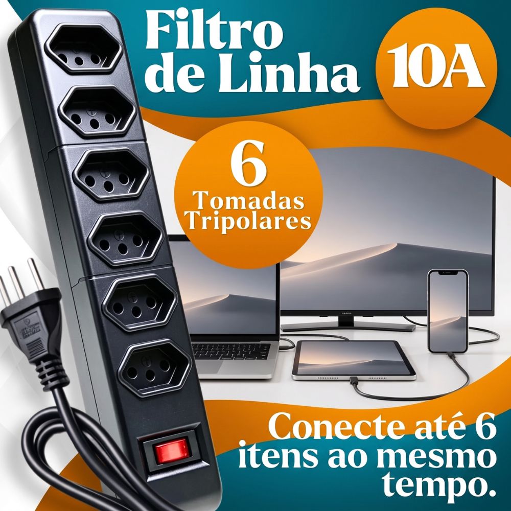 Filtro de Linha Régua Extensão Com 6 Tomadas 5 Metros, 10A Preto Bivolt Proteção Sobretensão