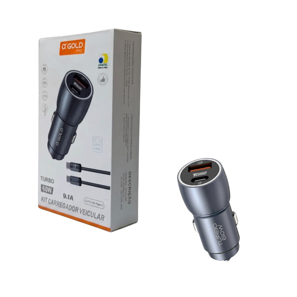 Carregador A'Gold CJ13-3 Veicular Turbo 60w Kit Com Cabo Carro Automotivo