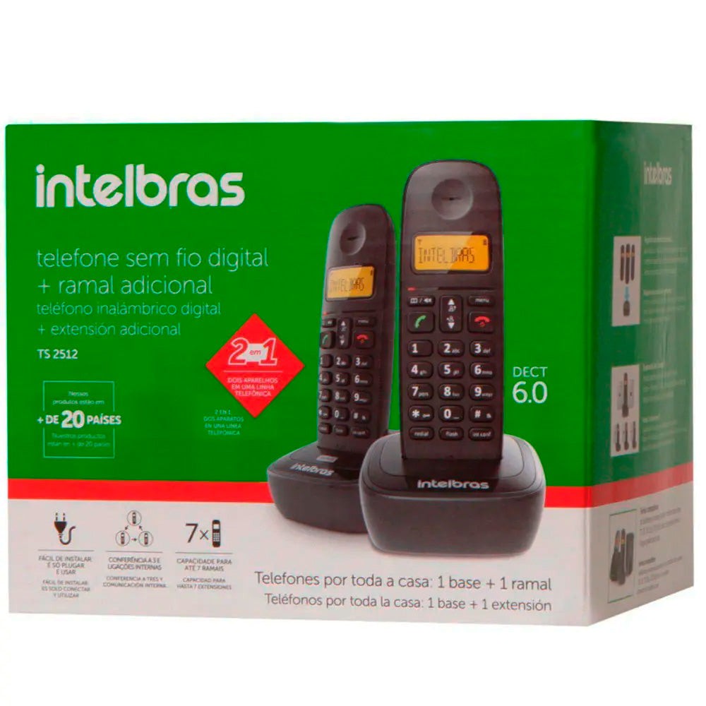 Telefone Sem Fio Intelbras TS 2512, Digital, Com Ramal Adicional, Preto - 4122512, Kit Com 2