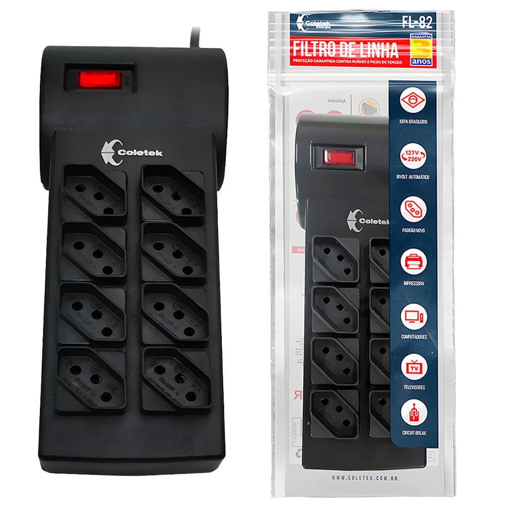 Filtro de Linha Coletek, Com 8 Tomadas, 10Ah, Bivolt, Cabo 1 Metro, FL-82BK