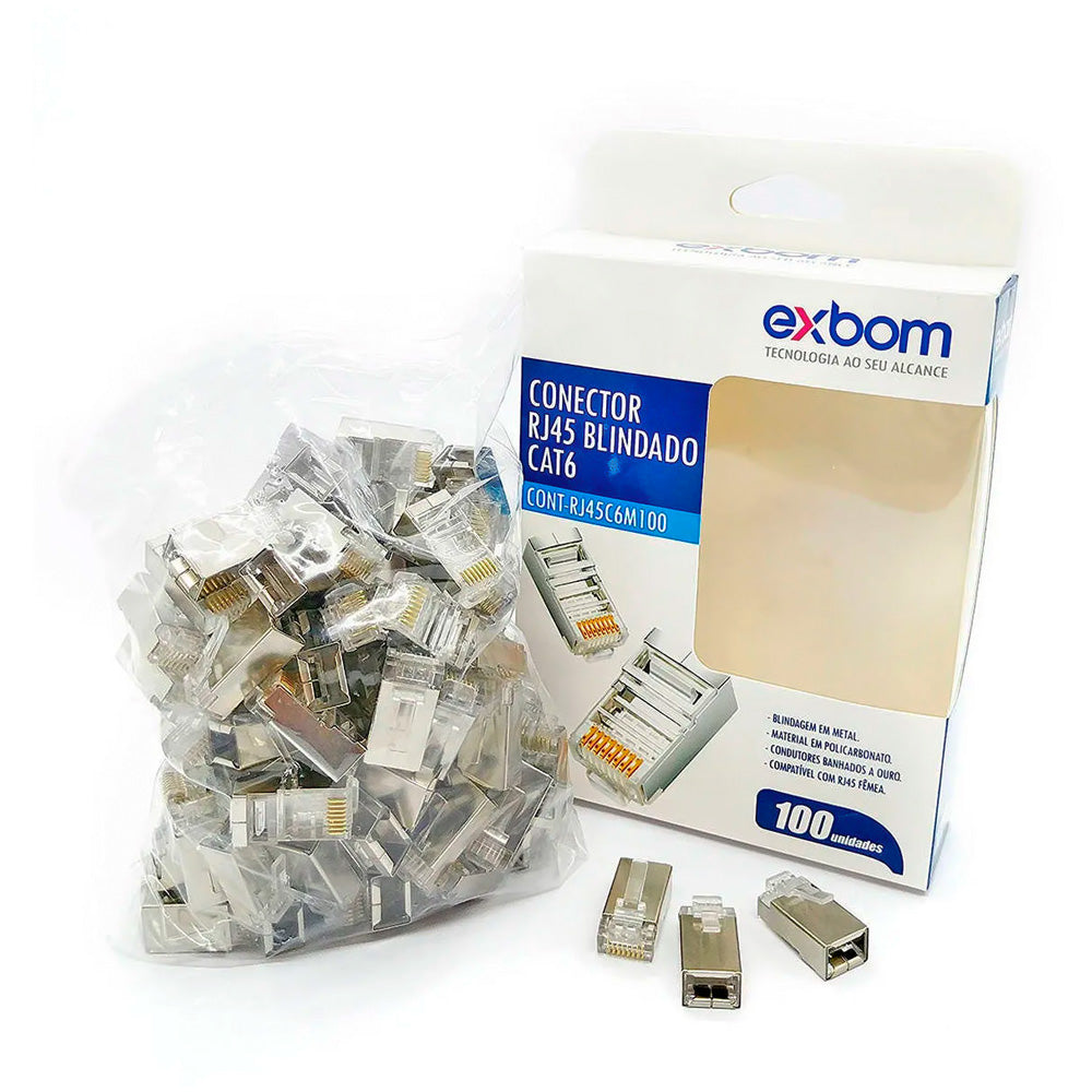 Conector RJ45 Cristal Blindado 8p8c CAT6e Exbom C6m100 Sup Gigabit 30m Pacote Com 100 pçs